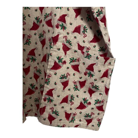 Vintage Handmade Christmas Scrub Top 2X – Santa Hat Holly Print Gold Sparkle – F - Picture 4 of 5